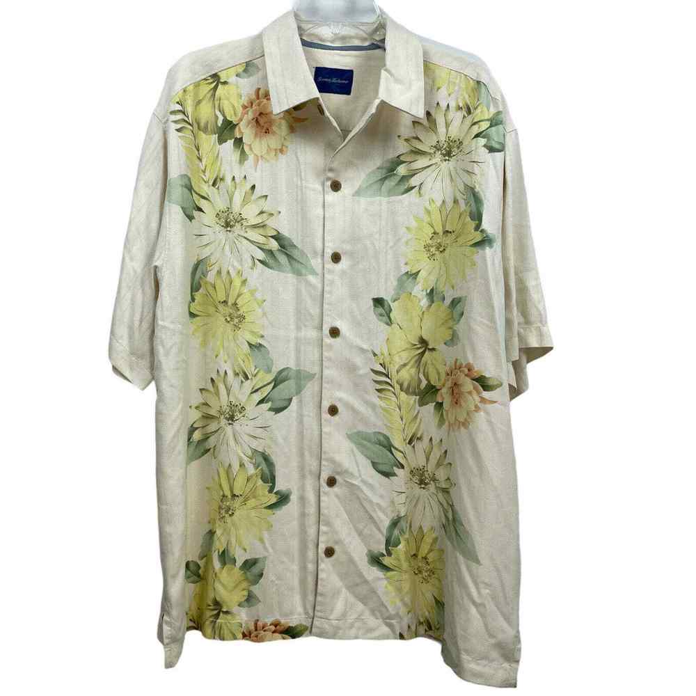 Tommy Bahama 100% Silk Green Beige Floral Mens Hawaiian Button Down Shirt Sz XL